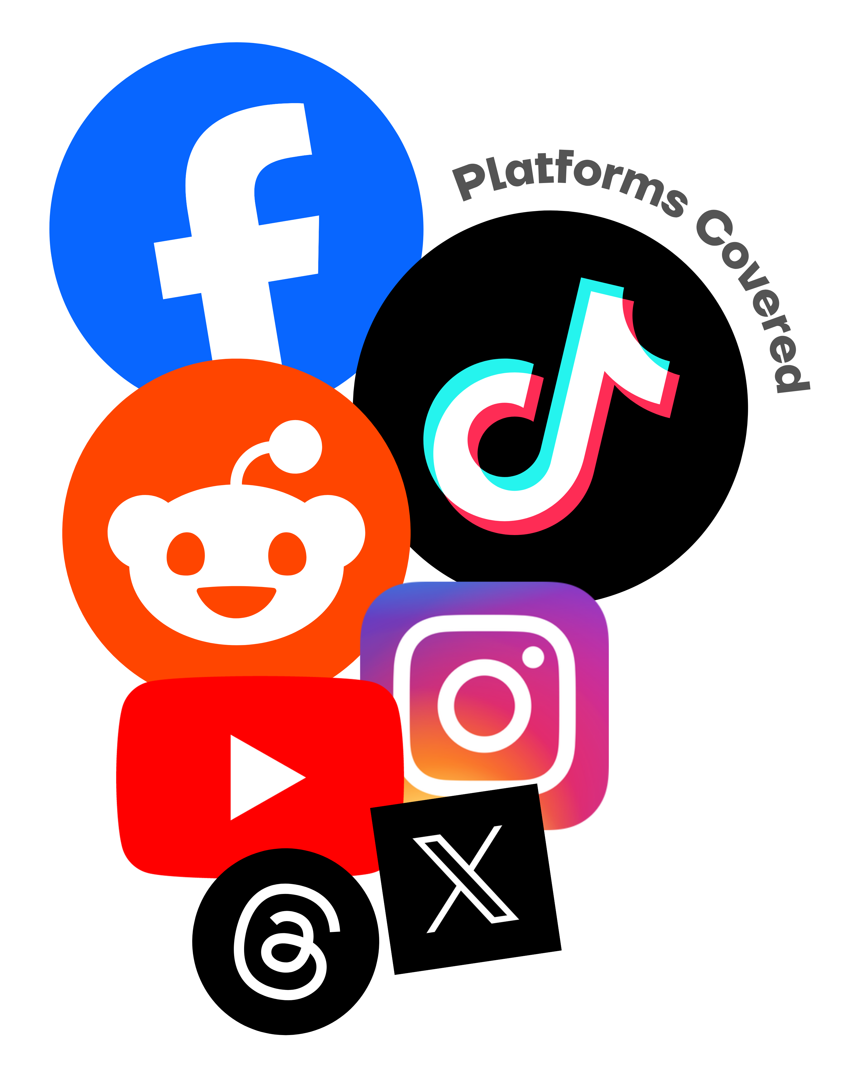 Works with Facebook, TikTok, Reddit, Instagram, X, YouTube, and Threads